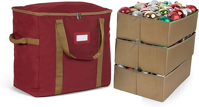 Covermates Keepsakes Adjustable Ornament Storage Bag – Heavy-Duty Polyester, Padded Dividers & FlexGrid Trays – Protective Holiday Ornament Organizer with Handles & Label Window, Red