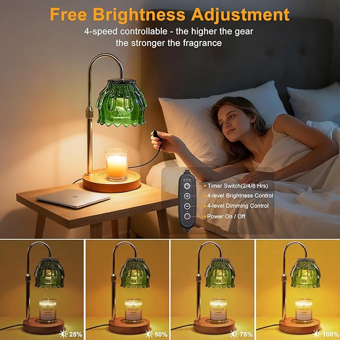 Candle Warmer Lamp with Timer and Dimmer 4-Level Dimmable Flower Light Heat Lamp for Jar Candles Adjustable Height Modern Cute Home Decor for Living Room Bedroom and Best Gift for Friends Lover. Green