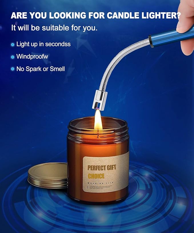 Candle Lighter, USB Charging Flame Candle Electronic Arc Lighter with LED Battery Display Safety Switch, Longer Flexible Neck for Camping BBQ Gas Stoves and Fireworks (Blue)