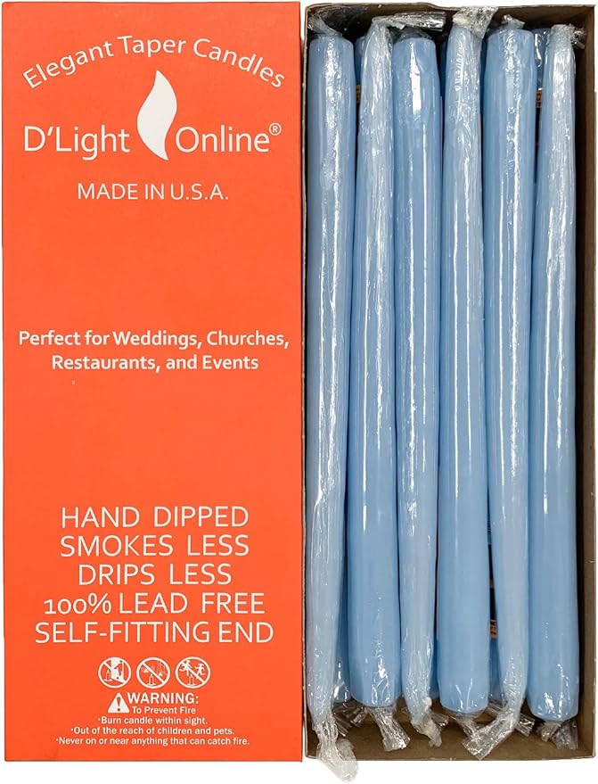 D'light Online Elegant Unscented Light Blue Taper Premium Quality Candles Hand-Dipped, Dripless and Smokeless - Set of 12 Individually Wrapped (12 Inch, Light Blue)