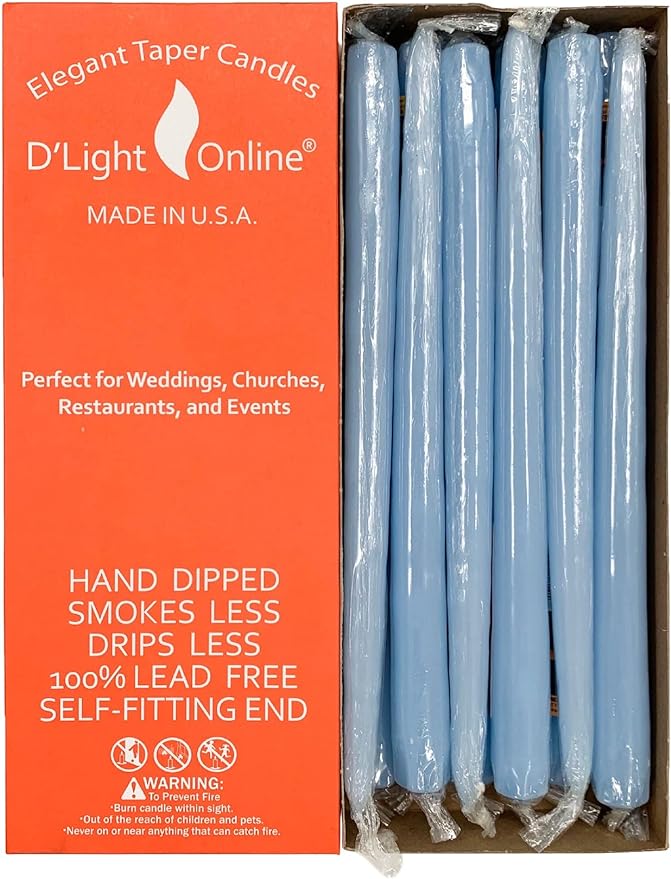 D'light Online Elegant 10" Light Blue Taper Candles, Premium Quality Hand-Dipped Tapered Candles, Dripless and Smokeles - Set of 12 Individually Wrapped (10 Inch, Light Blue)