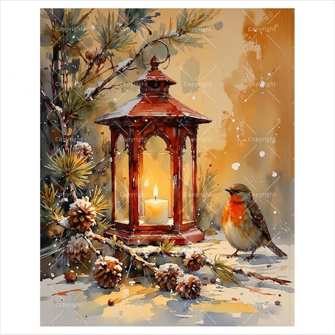 Still Life Paint by Numbers Kit for Adults - DIY Lantern Candle with Robin Bird Pinecones and Winter Branches Painting on Canvas 16x20 Inches, Frameless Acrylic Paint Set, Suitable for Beginners