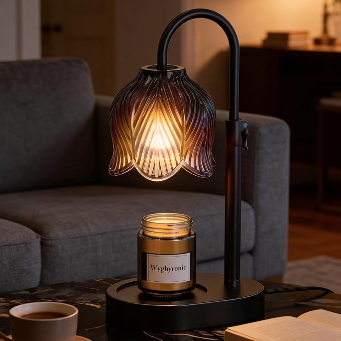 Candle Warmer Lamp with Adjustable Height - Flameless 4-Level Dimmable Wax Warmer, Timer Function & Stylish Design in Multiple Colors (Black07)