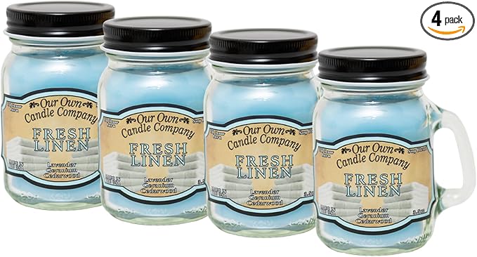 Our Own Candle Company Scented Mini Mason Jar Candle, 3.5 Ounce (Fresh Linen, 3.5 oz (4 Pack))