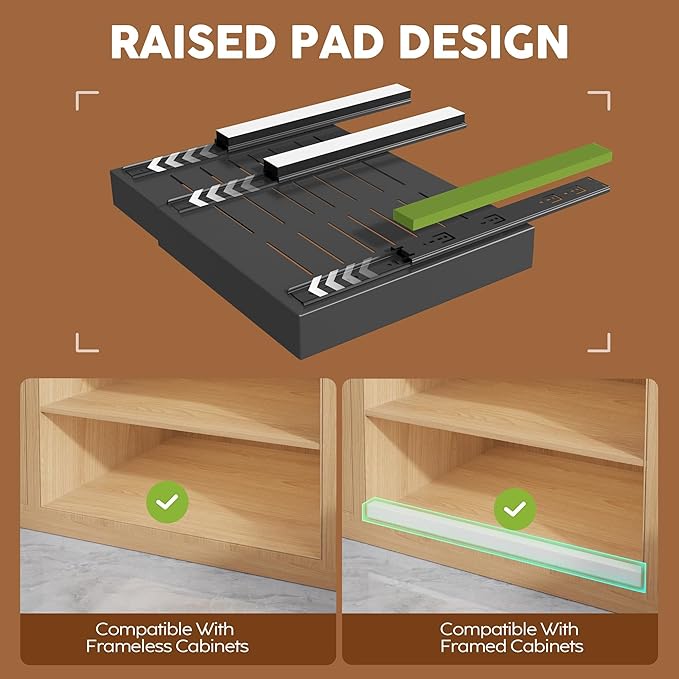 2 Pack Expandable Pull Out Cabinet Organizer 16.5"Deep With Raising Pad for Framed Cabinets,Upgrade 3 Slide Rails Slide Out Drawers,No Drill Roll Out Shelves,Adjustable Width 12.2"-20.4"Black