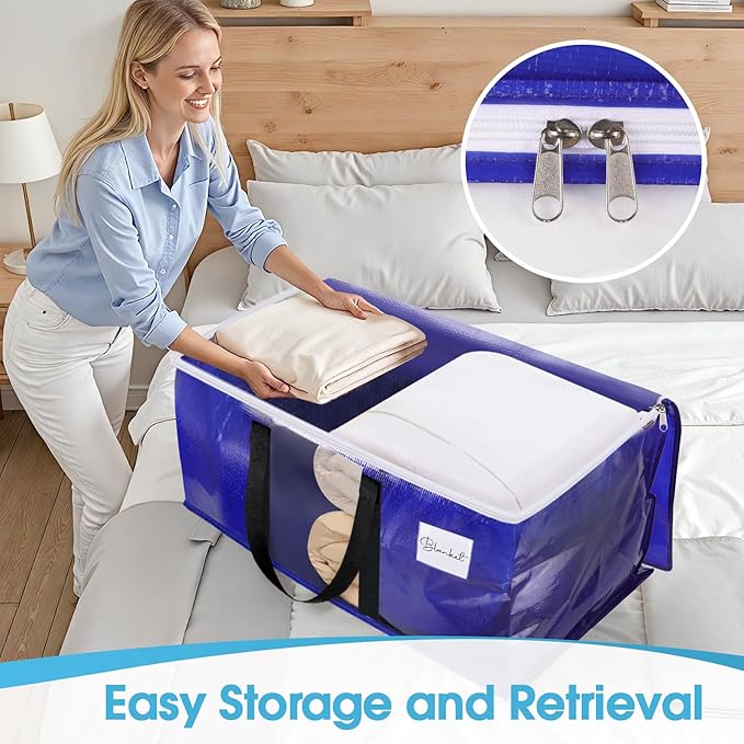 BlissTotes 10 Pack Moving Bags with Clear Window, Storage Bags with Strong Carrying Handles & Zippers,Large Packing Bags for Saving Space, Alternative to Moving Boxes(Blue,20 Gallon)