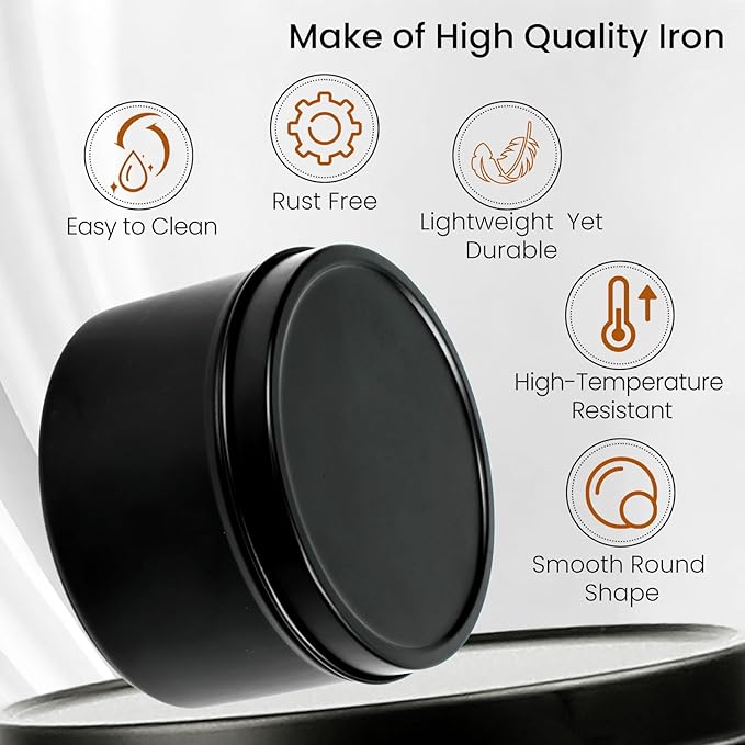 CONNOO 48 Pack Candle Tins - 24pcs 8oz + 24pcs 4oz Matte Black Jars with Lids for Making Candles, Bulk Empty Containers with Sticky Warning Labels for Candle Making, Storage, and Gift