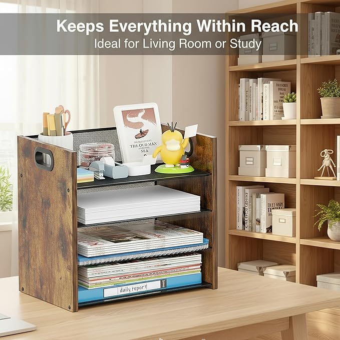 Wood Desk Organizer - 4-Tier Desktop File Organizer, Wooden Paper Organizer, Office Desk Organization for Accessories, Papers, Mail, Notebooks, Stationery