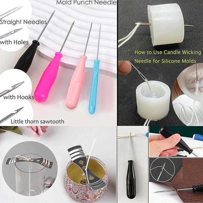 TYMKLMZG Mold Punch Needle with Hook & Eye,Candle Wick Inserting Tool for Molds Large-Eye Needle for Candle Silicone Molds,Candle Wick Roll 200 Ft 24 Wick Spool(2 Style),Threader,Candle Wick Holders