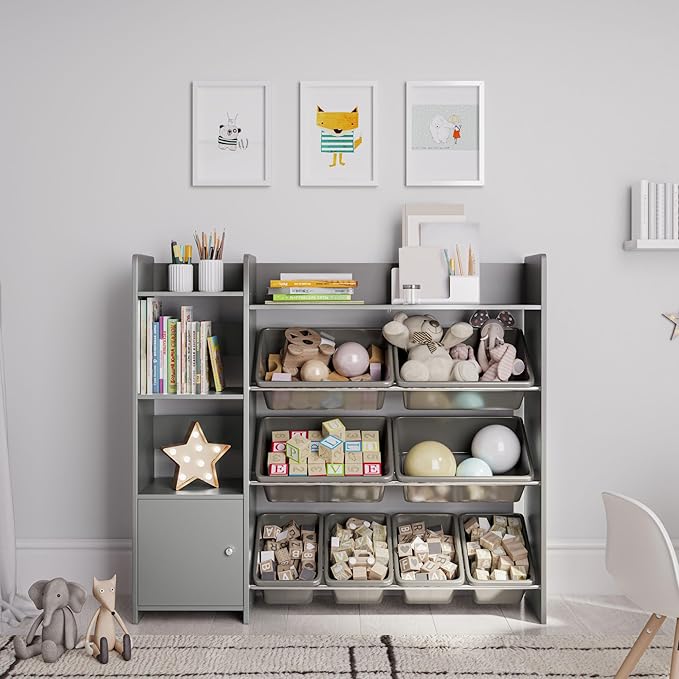 Sturdis Toy Storage Organizer with Bookshelf, Kids Playroom Organization Shelving Unit with Removable Storage Bins & Safety Anti-Tip Bracket, Gray