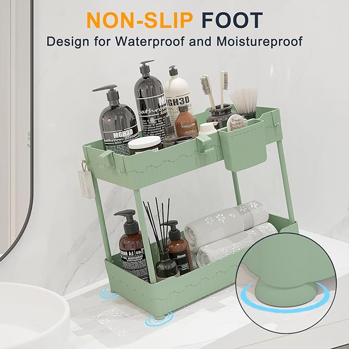 2 Pack Under Sink Organizer, Under Bathroom Cabinet Organizer with Hooks Hanging Cup, Multi-Purpose Storage Shelf for Kitchen Bathroom (Green, 14.8 Inch)