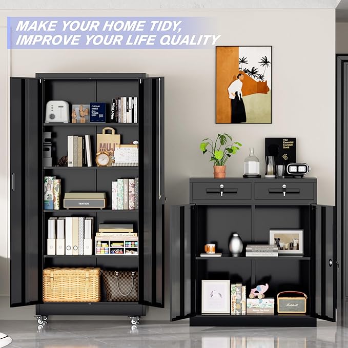 Superday 73" Metal Storage Cabinet with Wheels, Lockable Steel Utility Cabinet with 2 Doors and 4 Adjustable Shelves, Rolling Storage Cabinets for Garage, Home Office, Kitchen Pantry, Black