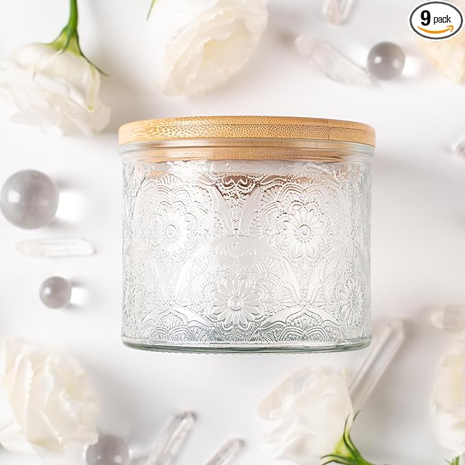 10 oz Embossed Glass Candle Container with Bamboo Lids and Labels, Clear Candle Jars for Making Candles, Mandala Design - Pack of 9