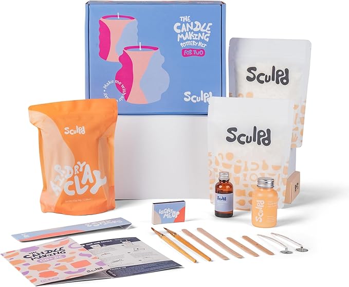 Sculpd Candle Making Pottery Kit for Adults with Air Dry Clay and Acrylic Paint Set, Non-Toxic Eco Soy Wax, Scented Fragrance Oil, Candle Glaze, Tools & Guide, 2 Candles, Peony Rose