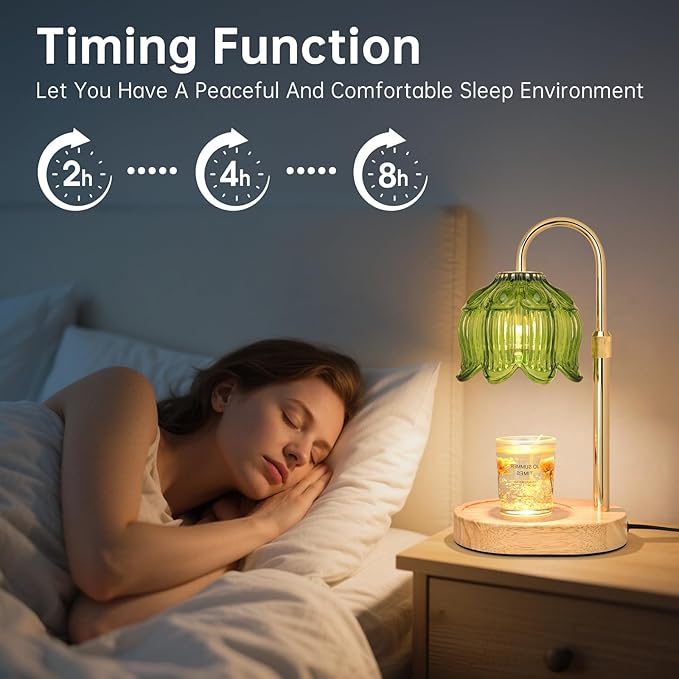 Flower Candle Warmer Lamp for Jar Candles with Timer & Dimmer, Adjustable Height Fits Large Jars up to 7.08" Tall, Flameless Wax Warmer, Cozy Bedroom Home Decor, Gift for Mom Women Green-01