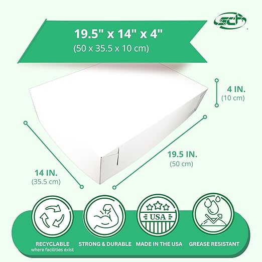 Southern Champion Tray 1090 Premium Clay Coated Kraft Paperboard White Non-Window Sheet Cake and Utility Tray, 19-1/2" Length x 14" Width x 4" Height (Case of 100)