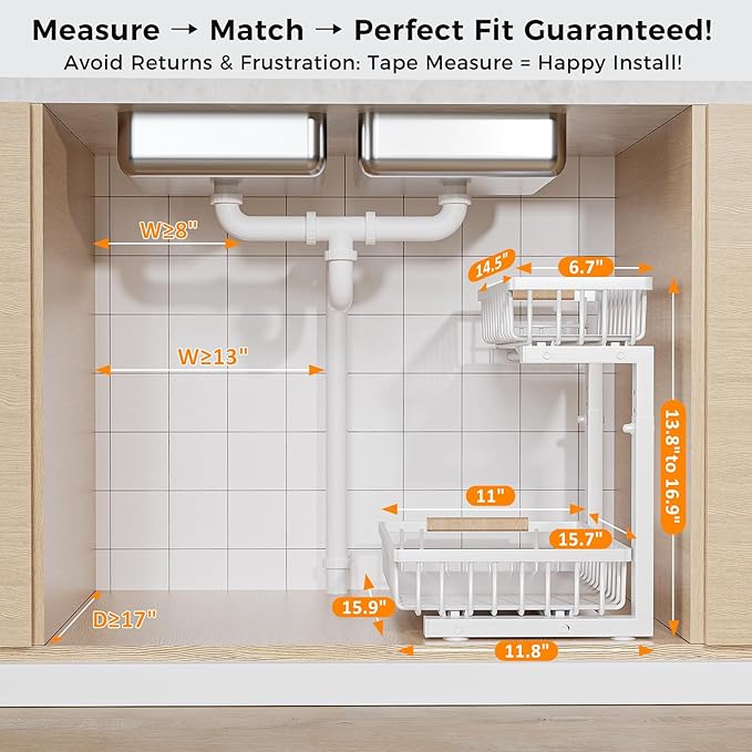 Under Sink Organizer,2 Pack Under Kitchen Sink Organizer,2 Tier Sliding-Out,5 Level Height Adjustable,Thickened Carbon Steel,Anti-Rust Treatment,for Kitchen Bathroom Black