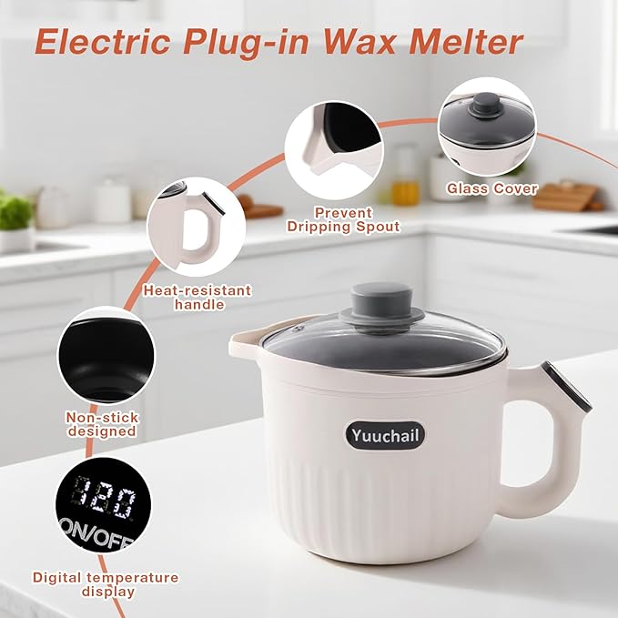 Yuuchail Touchscreen Wax Melting Pot, Digital Temperature Control (120°F-260°F), Electric Wax Melter for Candle & Soap Making with Pour & Non-Stick Coating, Ideal for DIY Crafts & Beginners