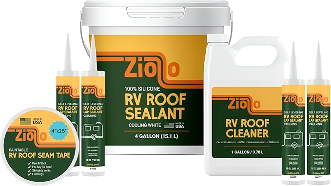 Ziollo RV 30 ft Roof Repair Kit - Roof Repair Kit to Seal and Waterproof, Bond to EPDM Rubber with Sealant (1 Paintable Tape, 4 pk Caulking, 1 Cleaner and 4G Silicone Pail)