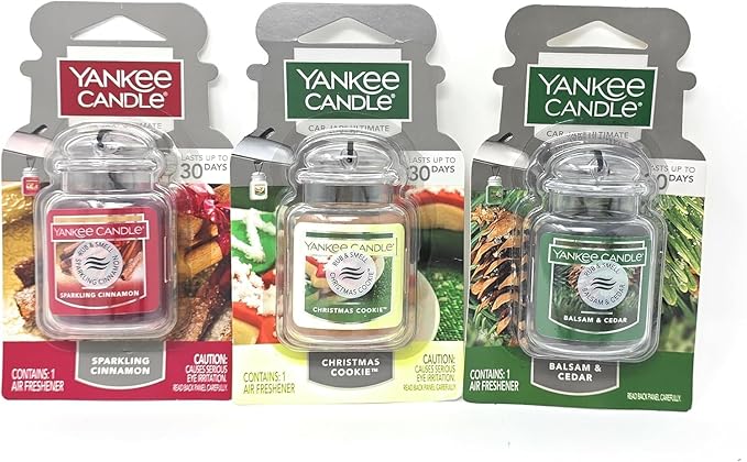 Yankee Candle Car Jar Ultimate Hanging Air Freshener, 3-Pack Set (Sparkling Cinnamon, Christmas Cookie, Balsam & Cedar) – Up to 90 Days of Fragrance (Variety Pack)