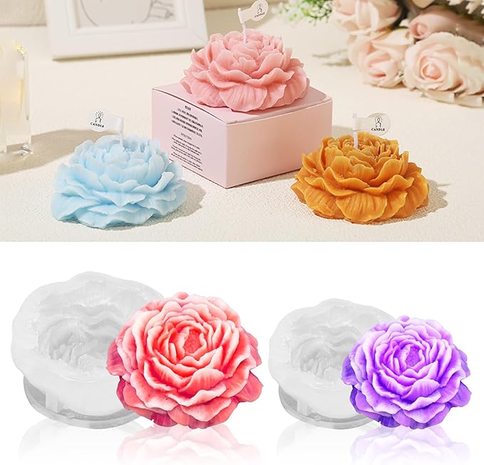 MGLIFEUL 2Pcs Peony Silicone Candle Flower Wax Mold Silicone for Candles Resin Making Molds Moldes De Silicona para Hacer Velas Artesanales De Silicona,for Making Mothers Day Gifts for Mom Daughter