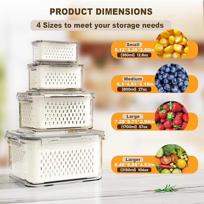 4 Pcs Fruit Storage Containers for Fridge (with Drain Basket) - Leak-Proof Food Containers, BPA-Free, Keep Fruits, Vegetables, Berries, and Meats Fresh for a Long Time, Dishwasher and Microwave Safe