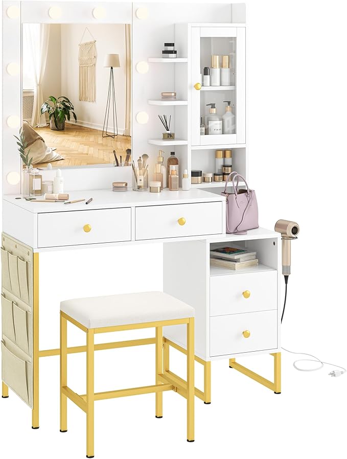 YIKEHOME 42 Inchs Vanity Desk with Large Mirror and Hollywood Bulb Design Lights, Women Makeup Vanity Table with Power Outlet, 6 Drawers & Storage, 3 Lighting Color Adjustable for Bedroom