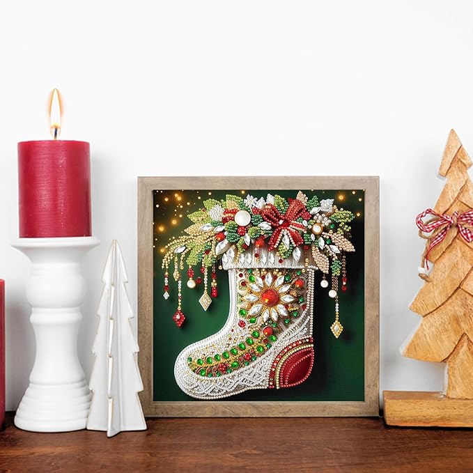 Christmas Sock 5D Special Shape Diamond Art Kits for Beginners, Christmas Winter Theme Diamonds Painting Kits for Adults,DIY Crystal Rhinestones Diamond Paintings for Home Wall Decor 12×12Inch