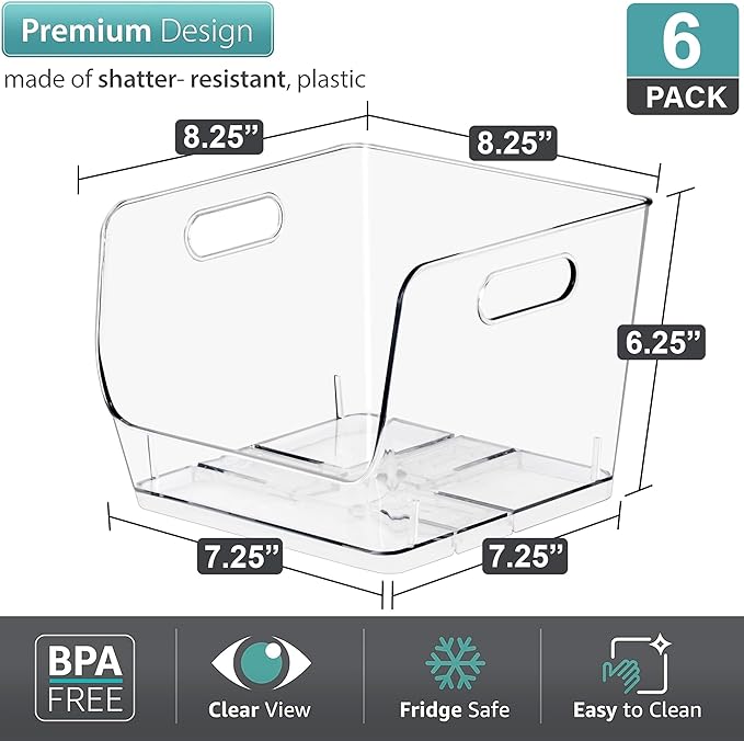 Sorbus Stackable Storage Bins Open Front, Clear Stackable Storage Bins, Pantry Bins for Storage and Organization, Acrylic Stackable Bins for Kitchen, Clear Pantry Organizer Bins (Medium Square 6 Pack)
