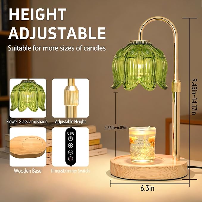 Flower Candle Warmer Lamp for Jar Candles with Timer & Dimmer, Adjustable Height Fits Large Jars up to 7.08" Tall, Flameless Wax Warmer, Cozy Bedroom Home Decor, Gift for Mom Women Green-01
