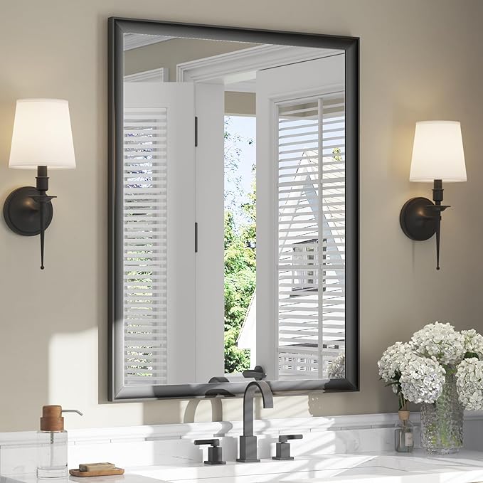 USHOWER Black Bathroom Mirrors for Over Sink 30x40 Inch, Metal Framed Rectangle Vanity Mirror for Wall, Bedroom, Living Room, Entryway, Farmhouse, Anti-Rust, HD Tempered Glass, Horizontal/Vertical