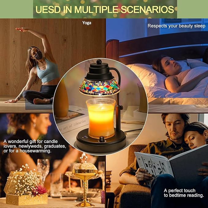 Electric Candle Warmer Lamp with Colorful Diamond Lampshade, Stained Glass Wax Melting Lamp with Timer and Dimmer, Adjustable Candle Warmer Light Home Decor (Black)