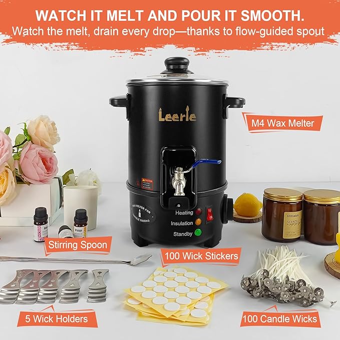 Leerie M4 8Lbs Wax Melter for Candle Making – Heating Core Brass Spout & Temp Control, No Clog, Easy to Clean – Electric Wax Melting Pot for DIY Candle Makers & Beginners