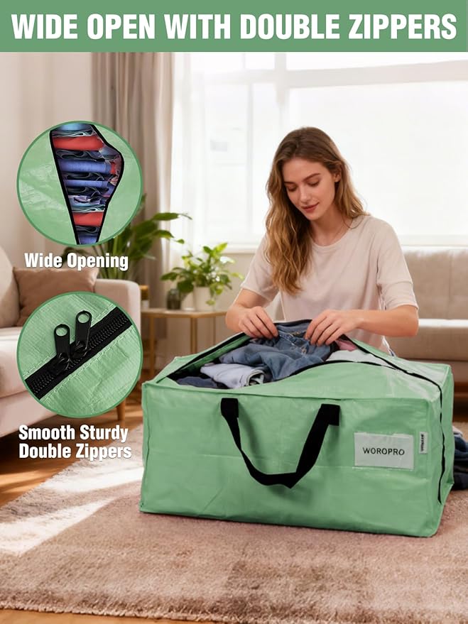 WORKPRO 8 Pack Extra Large Moving Bags with Zippers & Carrying Handles Backpack Straps, Heavy-Duty Storage Tote for Space Saving & Storage, Alternative to Moving Box (Green)