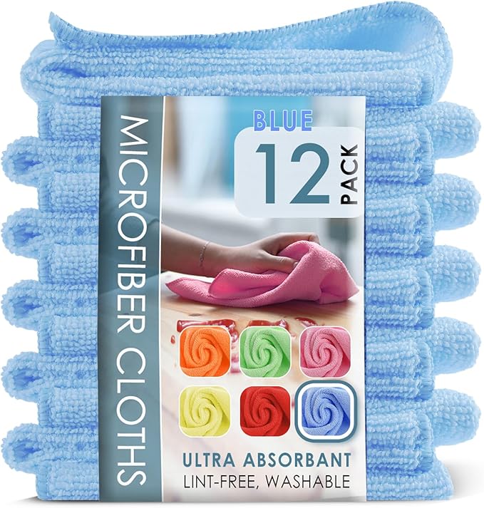 Hearth & Harbor Microfiber Cleaning Cloth, Microfiber Towels for Cars 12 Pack Washcloths, Blue Cleaning Rags, Reusable Microfiber Towel, Microfiber Cloth Rags, 12''x12'', (V-HH-Cloth-M-12-Blu)