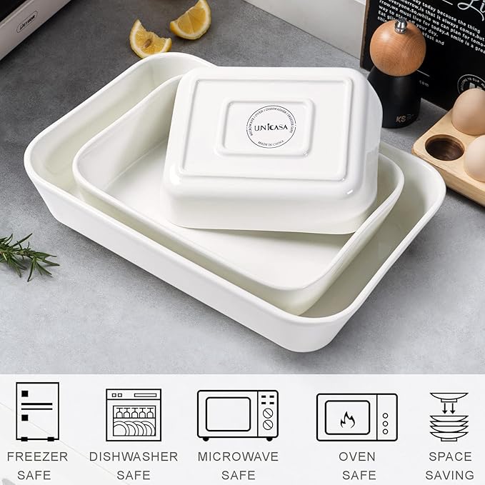 UNICASA Ceramic Oven Dishes, Set of 3 Lasagne Dishes 1000/2000/3500 ML, Rectangular Casserole Dishes, Non-Stick Reactive Glaze, White Casserole Oven