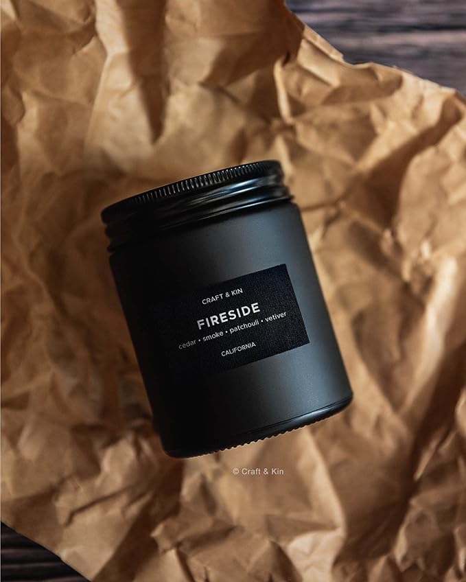 Craft & Kin Premium Smoky Fireside Candle | Scented Candles for Men | Men Candles with Wood Wicked | Long Lasting with 45 Hour Burn Time - 7.6oz