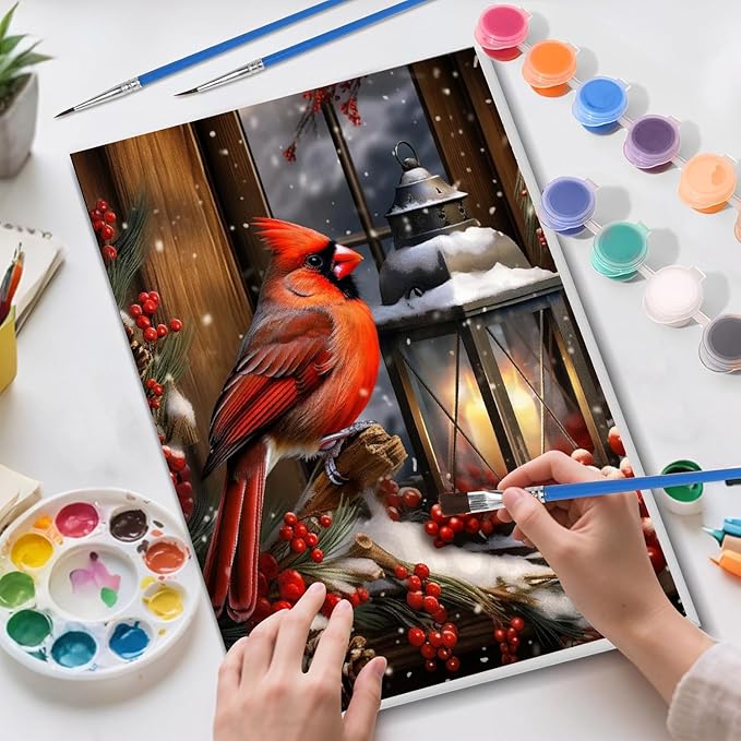 TCDZMYGS Christmas Paint by Numbers Kit for Adults Beginner,Cardinals Paint by Number Kits with Frame,DIY Acrylic Oil Painting by Numbers for Home Wall Decor 9.5 x 11.8 inch