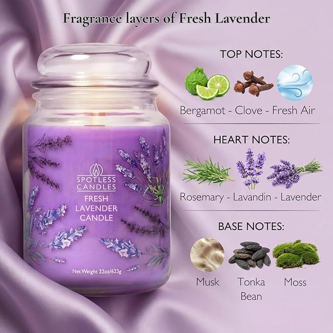 Fresh Lavender Candle 22oz Glass Jar with Wooden Wick in a Decorated Jar Within a Presentation Gift Box and Protective Shipping Box