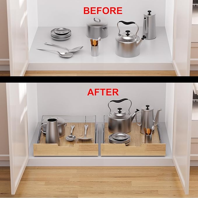 Sikarou Pull Out Cabinet Organizer,Heavy-Duty Slide Out Shelf, Wood And Wire Basket, Pull Out Drawer for for Kitchen Under Sink Space, Pantry, Bathroom (14 * 21 WM)