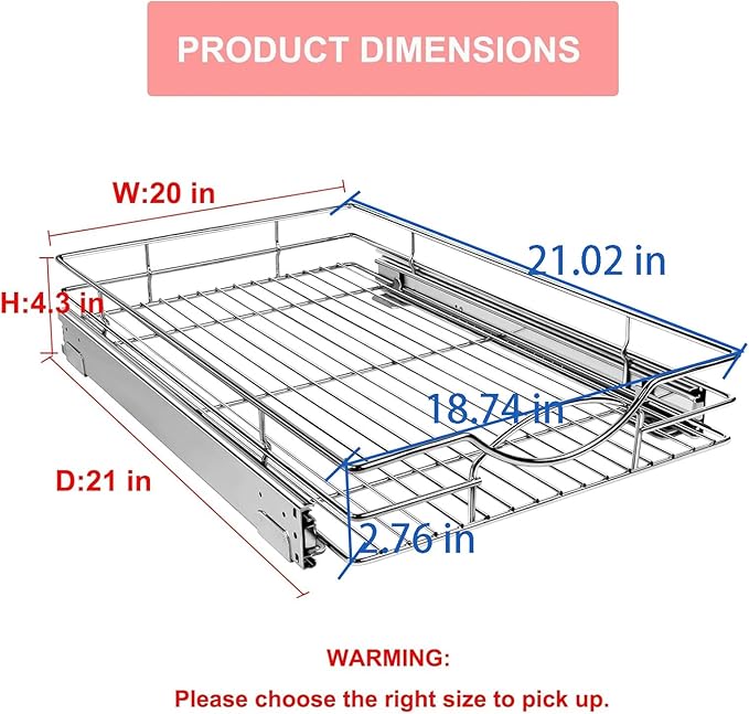 Sikarou Pull Out Cabinet Organizer 20" W x 21" D, Heavy Duty Kitchen Cabinet Pull Out Shelves, Slide Out Wire Basket for Kitchen Cabinets, Bathroom, Pantry, Chrome Finish