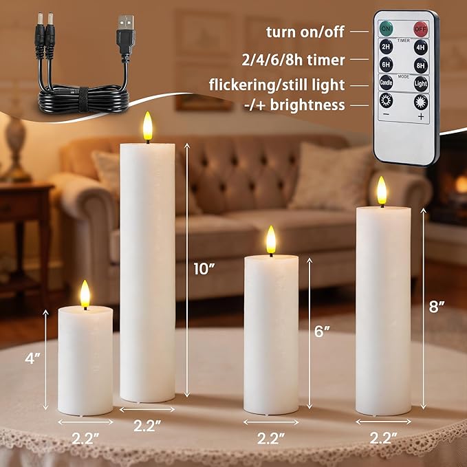 Rechargeable Flameless Flickering Tall Wax Remote 2.2" x4" 6" 8" 10" White Candles, Timer Set of 4 LED Battery Operated Fake Warm Light Pillar Candles(Included USB Charging Cable with 2 Ports)