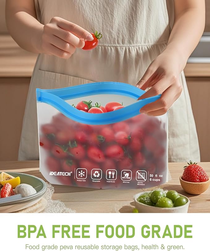 IDEATECH 12Pack Reusable Food Storage Bags Dishwasher Safe,Leakproof Gallon Freezer Bags, BPA Free Quart Sandwich Size Reusable Baggies for Marinate Meats,Travel(7Gallon 5Quart, Colored)