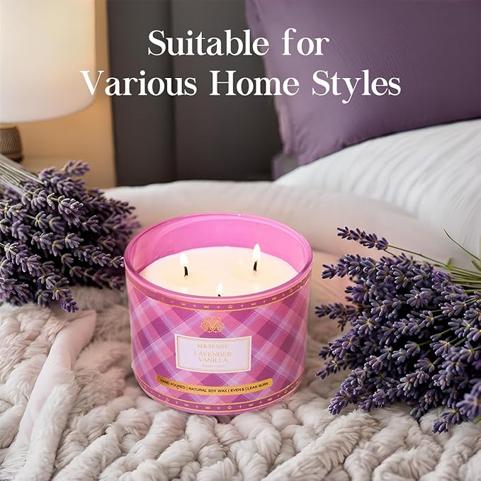 M&SENSE Plaid Pattern 3 Wick Soy Candles,11.64 oz Large Lavender Vanilla Scent Candle for Relaxation, Gifting, Home Décor | for Bedroom, Office, Party
