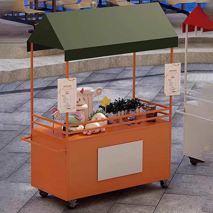 JKGHK Vending Iron Cart with Canopy, 4-Wheel Portable Mobile Dining Market Stall, Outdoor Dining Carts Market Stall, for Street Food, Handicrafts, Snacks(Orange,100cm/39.3in)