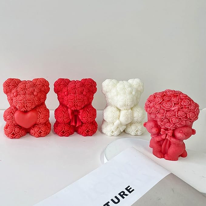 ZAKVOOR Rose Bear Shape Candle Mold Valentine's Day Resin Casting Silicone Mold for DIY Aromatherapy Candles Wax Plaster Polymer Clay Decoration