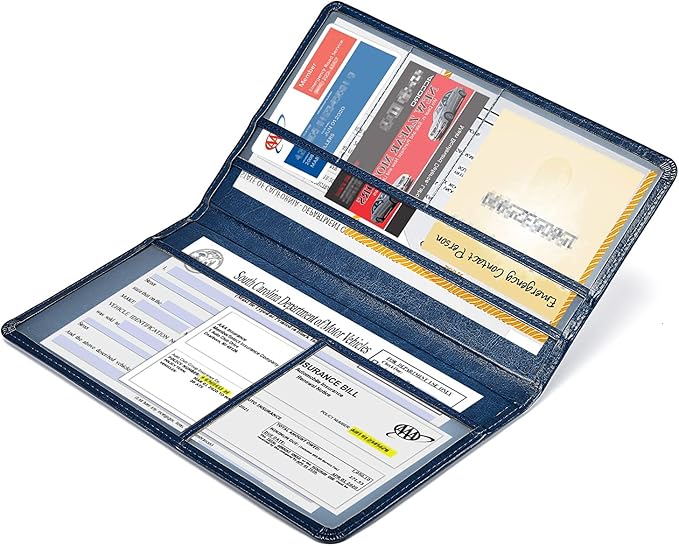 HerriaT Car Registration and Insurance Card Holder - Leather Vehicle Glove Box Automobile Documents Paperwork Wallet Case Organizer for ID, Driver's License, Key Contact Information Cards - Men&Women