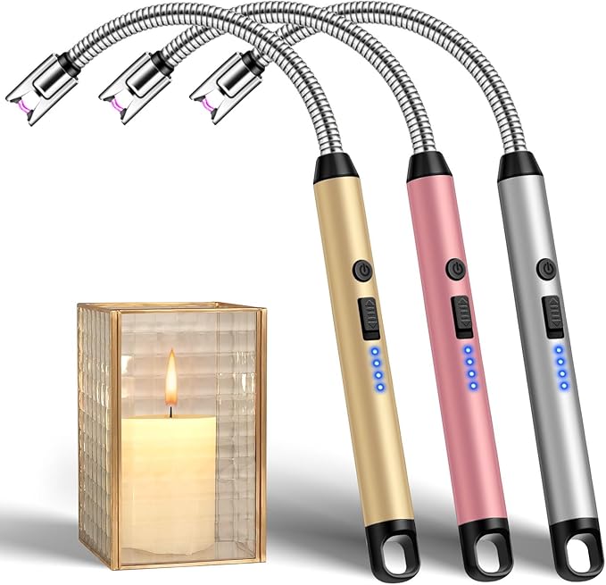 LcFun 3 Pack Candle Lighter with 360° Flexible Neck & Safety Lock, Windproof USB Rechargeable Electric Lighter, Flameless Arc Long Matches for Grill, BBQ, Camping, Fireplace, Stove (Gold,Pink,Silver)