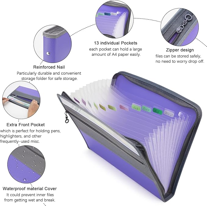 NAFY Accordion File Organizer, 13 Pockets Expanding File Folder with Zipper, A4 Letter Size Portable Accordion Expanding File Folders with 27pcs Multicolor Labels for Office School Supplies (Lavender)