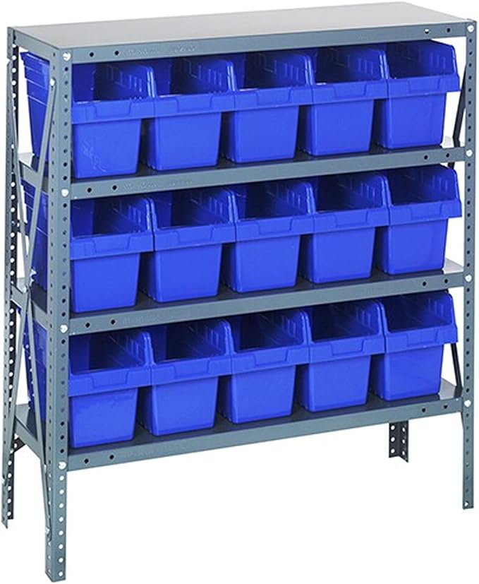 Quantum Storage Systems 1239-SB802BL Solid Heavy Duty 4 Shelves 15 STORE-MAX Blue Bins 39" H x 36" W x 12" D